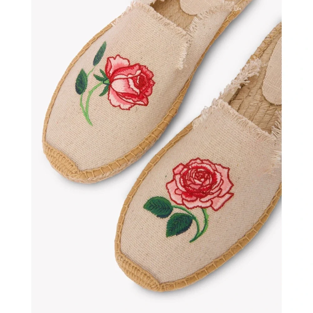 Soludos Women 10/10.5 Smoking Mule‎ Espadrilles Rose Embroidered Natural Canvas